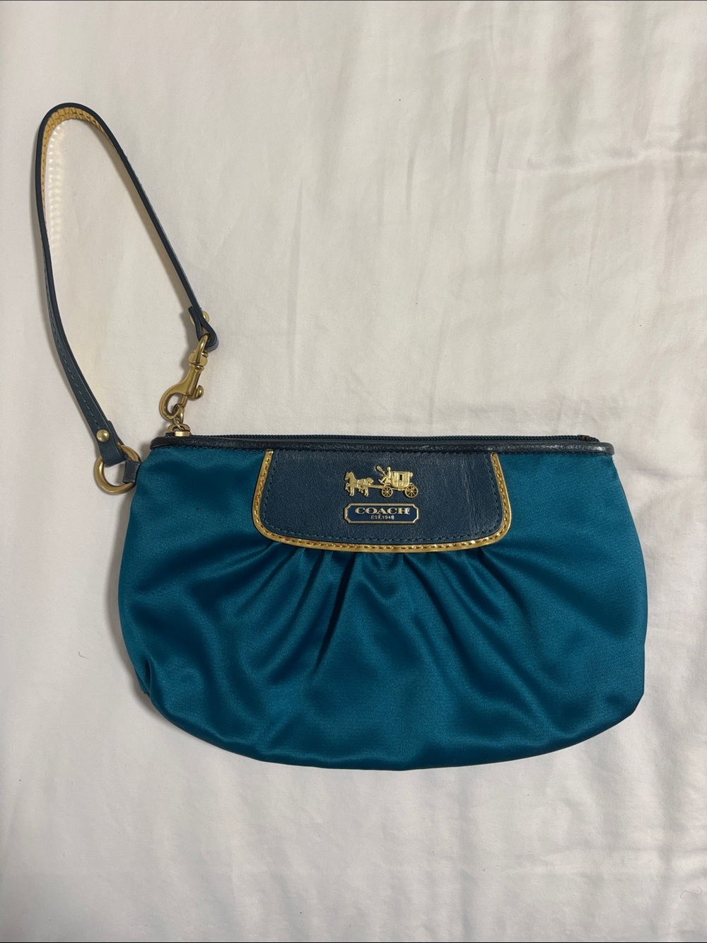 Coach Teal Satin Wristlet with Gold Hardware